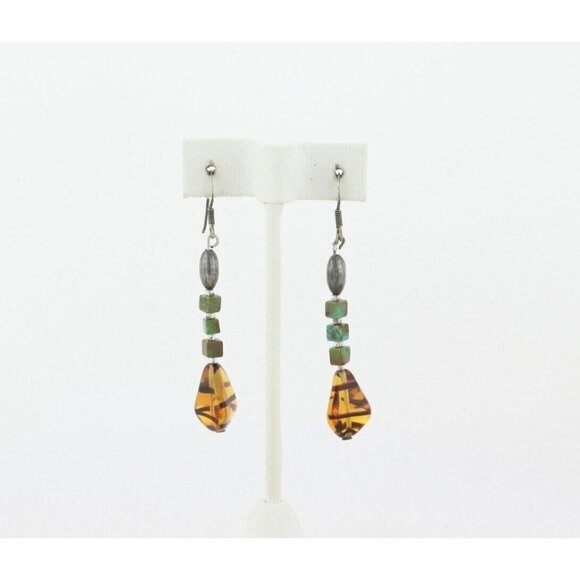 Sterling Silver Hematite, Turquoise and Amber Earrings Dangle Drop Earrings - Picture 5 of 7